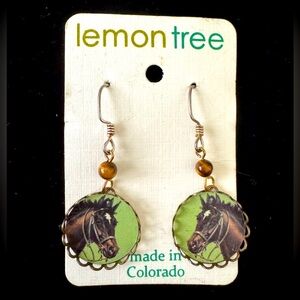 Handmade Tigers Eye Antiqued Gold Horse Earrings
